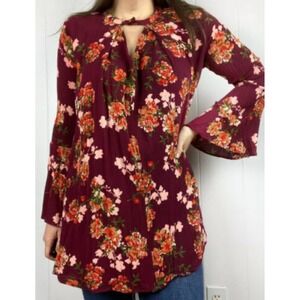 Umgee Floral Tunic Top 1X Burgundy Bell Sleeve Fall Boho Flowy Keyhole Plus Size